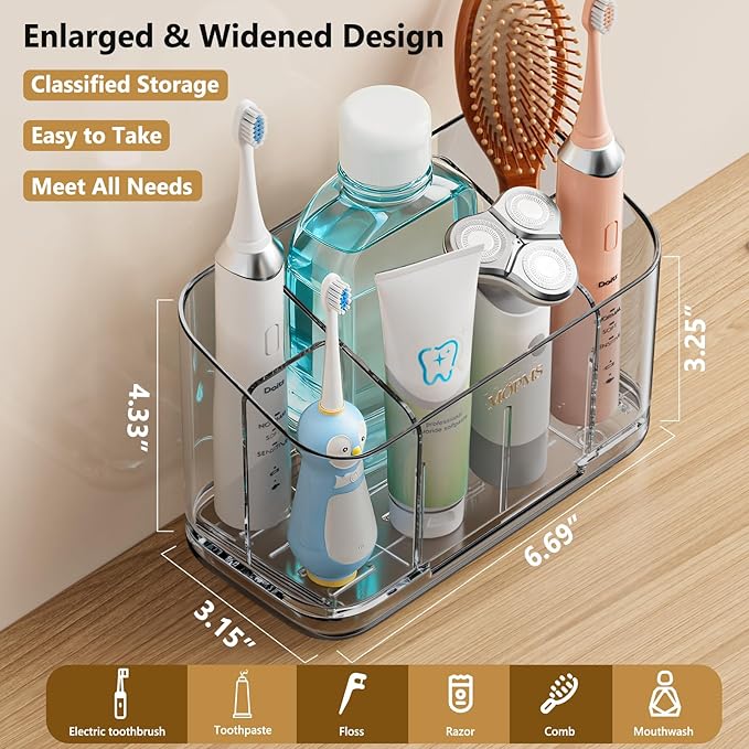 MOPMS Toothbrush Holders for Bathrooms, 5 Slots Adjustable Divider Tooth Brush and Toothpaste Holder for Easy Clean, Wall Mounted & Countertop Organizer with Drain Tray for Shower/Kitchen