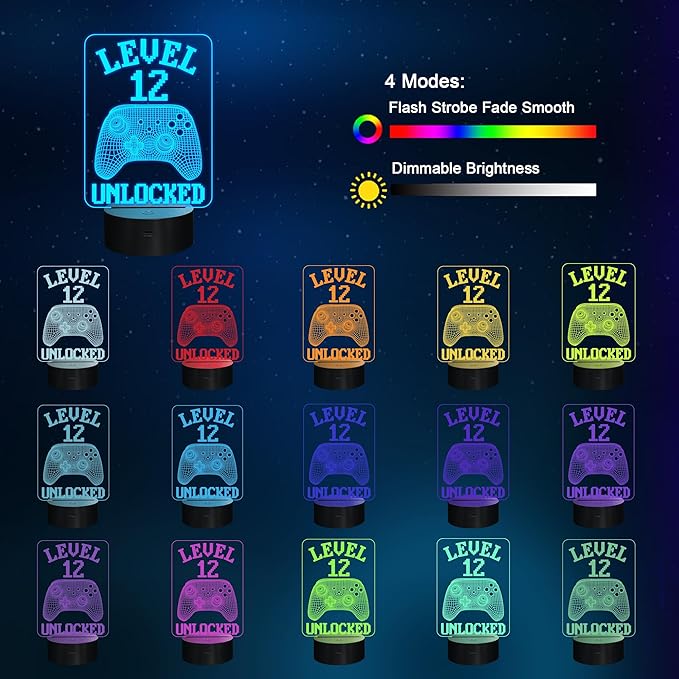 YuanDian Gamer Gifts, Level 12 Unlocked Gaming Controller Graphic Funny 3D Illusion Lamp 16 Colors Changing Touch & Remote Control, Desk Decor Gift for Gamers Teenagers and Kids