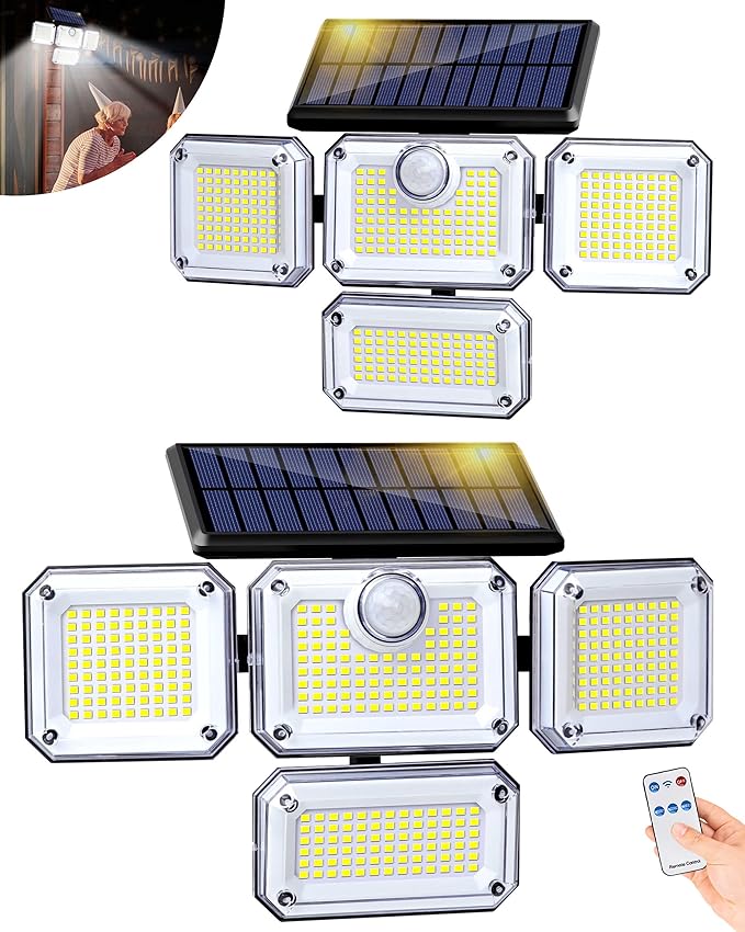 Outdoor Motion Sensor Lamp, 4-Head Solar Power Light, 333 LED Solar Light, Wireless Flood Lights Outdoor，3000 Lumens, 6500K, Motion Sensor, IP65 Waterproof, 270° Lighting Range for Street （2Pack）