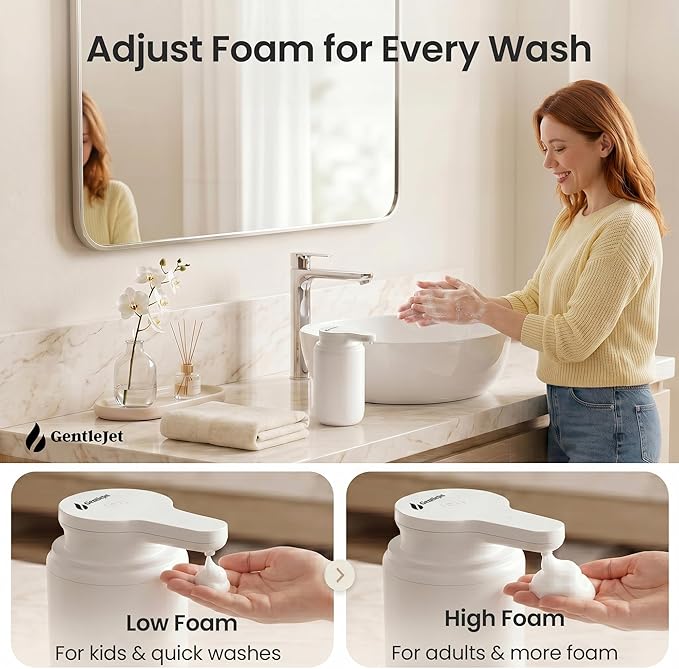 GentleJet SimpleFoam Automatic Foaming Soap Dispenser Touchless Sensor, USB-C Rechargeable, IPX5 Waterproof, Dual Output for Bathroom Kitchen Sink, ABS Compact Design