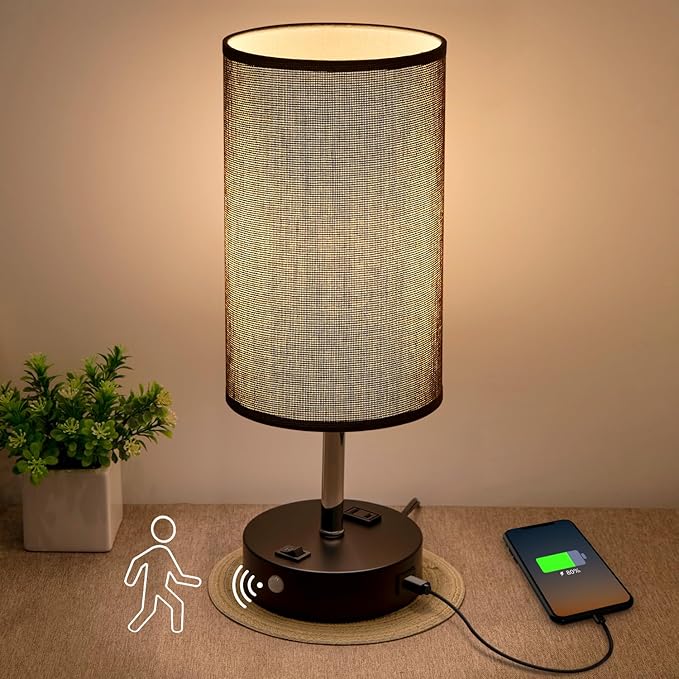 lifeholder Table Lamps with Motion Sensor and Constant on Two Modes, USB Lamp with Warm White Bulb, Fabric Shade, Built-in USB Port & AC Outlet - Bedside Table Lamp for Bedroom or Living Room