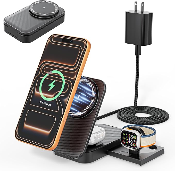 3 in 1 Wireless Charger Stand, 25W Foldable Wireless Charging Station for Apple Multiple Devices Fast Magnetic Charger with 6FT USB C Cable for iPhone 17 16 15 14 13 12 Series/Apple Watch/AirPods Pro