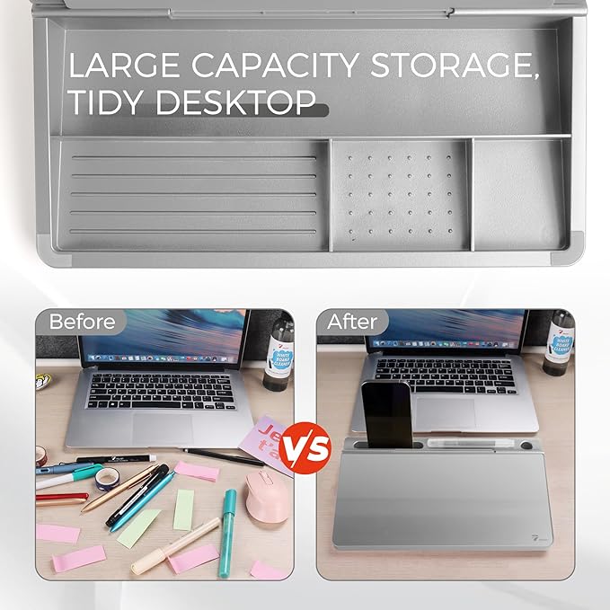 TOWON Small Compact Glass Desktop Whiteboard with Storage – 12 x 7 in Dry Erase Board for Desk, Home Office, School | Includes 5 Markers, Eraser & Holder | Space-Saving Organizer, Metallic Silver