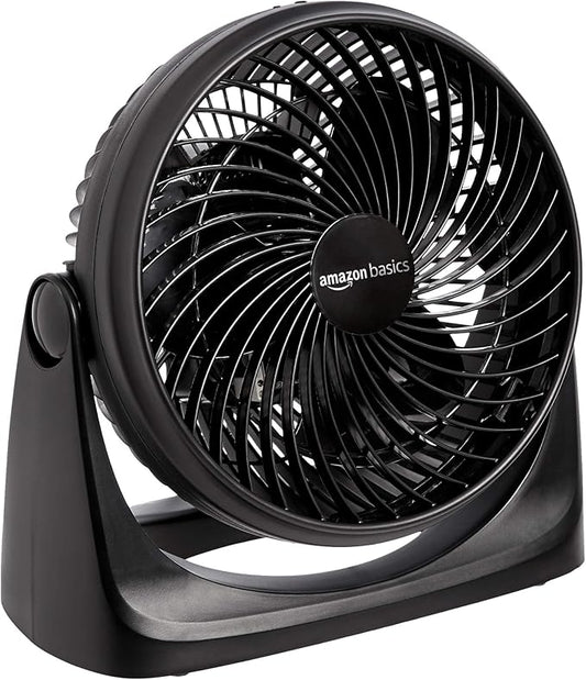 Amazon Basics Air Circulator Desk Fan for Bedroom, Home and Office, 90-Degree Tilt Head, 3 Speed Settings, Cooling, 35 Watts, Black, 11.1"W x 6.3"D x 10.9"H