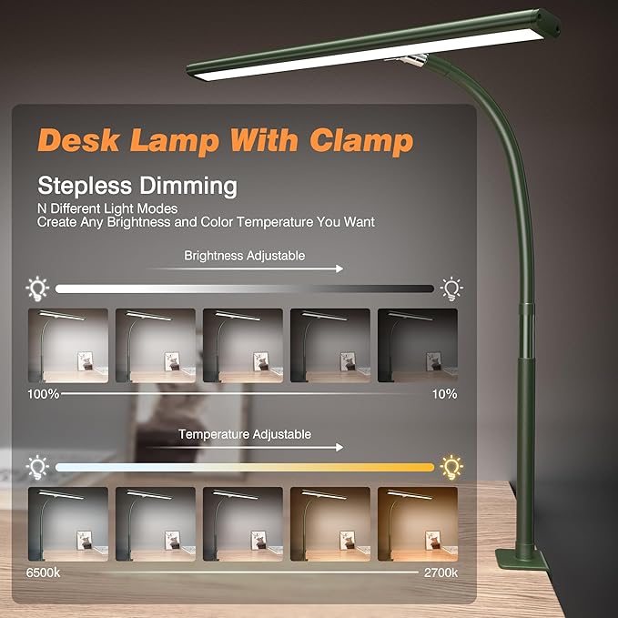 Airlonv LED Desk Lamp for Office Home, Eye-Caring Desk Light with Stepless Dimming Adjustable Flexible Gooseneck, 10W USB Adapter Desk Lamp with Clamp for Reading, Study, Workbench (Green)