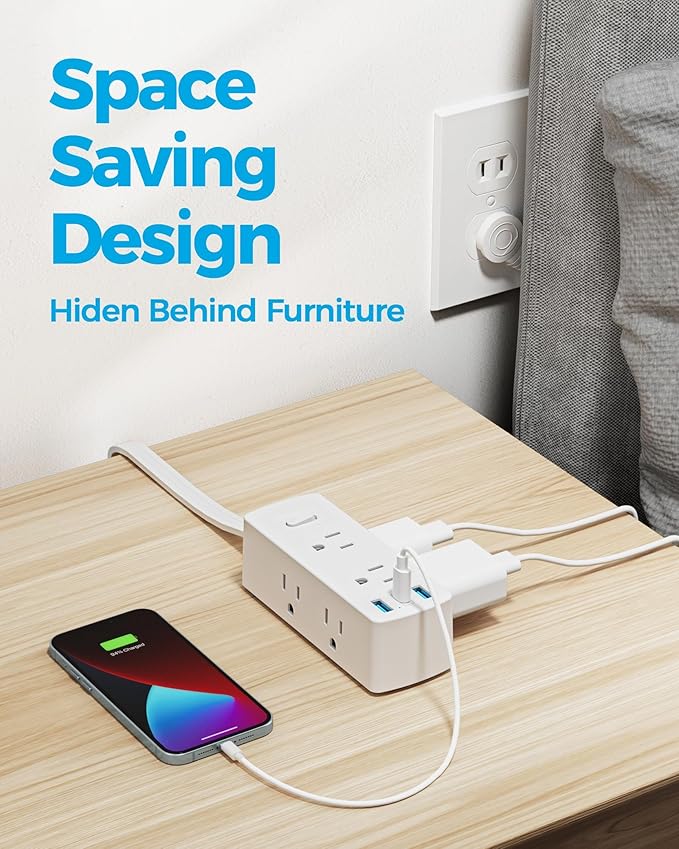 Yozisital Flat Plug Power Strip with 5 FT Extension Cord, 6 Outlets 3 USB Ports(1 USB C), 3 Sided Outlet Extender for Home Office Travel Dorm Room Essentials, White