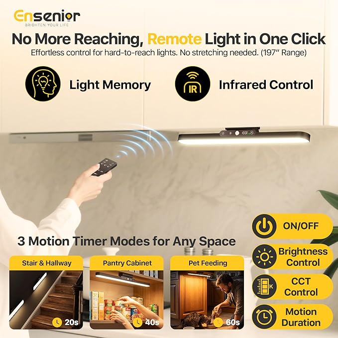 5W Rechargeable Motion Sensor Light Bar, 2000mAh Dimmable Under Cabinet Lighting Wireless with Digital Battery Display, 130° Rotatable Magnetic Closet Lights, Remote Control Stick on Lights Dorm