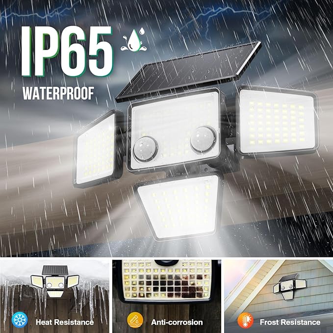 LYWALT Solar Outdoor Lights - 3000LM 188 LED Motion Sensor Outdoor Lights, 4 Heads IP65 Waterproof Powered Security Flood Lights, 270°Wide Lighting Angle Wall Light with Sensors for Backyard Yard