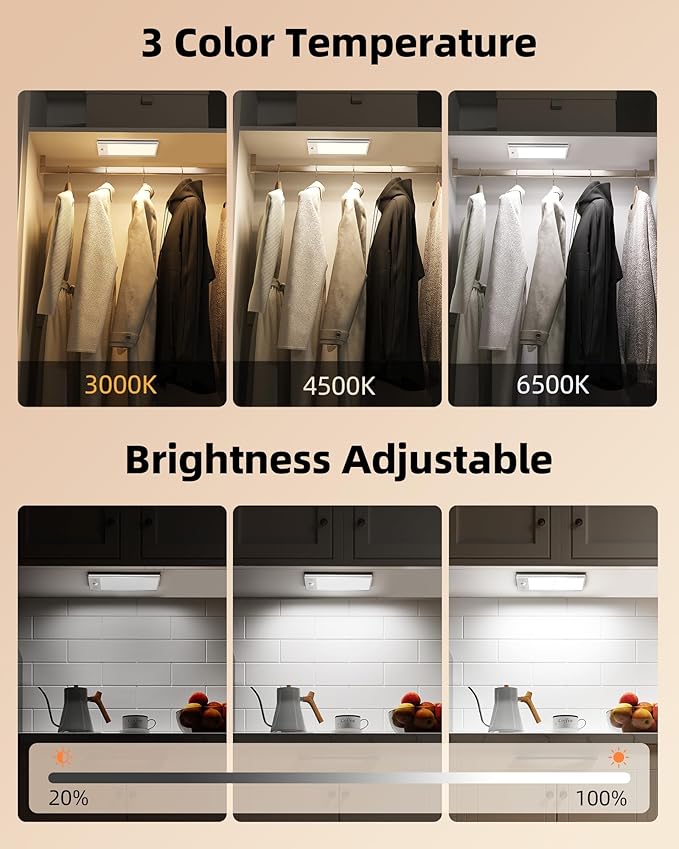 EZVALO 3000mAh Under Cabinet Lighting Wireless, 150LM Super Bright Motion Sensor Light, Rechargeable Under Counter Lights for Kitchen, Dimmable Closet Light with 3-Inch Ultra-Wide Panel 2Pack