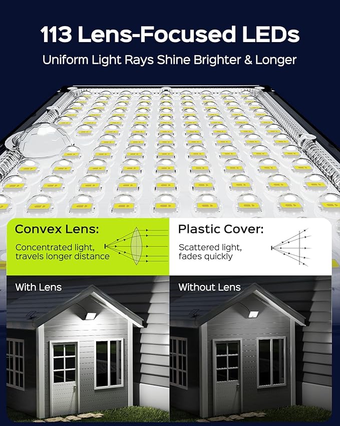 JACKYLED Motion Solar Lights Outdoor, 113 LED Cool White Bright Solar Flood Lights Waterproof, Dusk to Dawn Outdoor Solar Powered Security Lights for Fence Porch Patio Yard Garage, 2 Pack