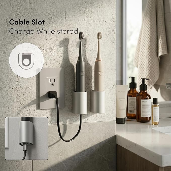 xympo Aluminum Electric Toothbrush Holder (2-Pack) – Wall Mount with Charging Cable Slot – Self Adhesive, Minimalist Design, Fits Most Electric Toothbrushes