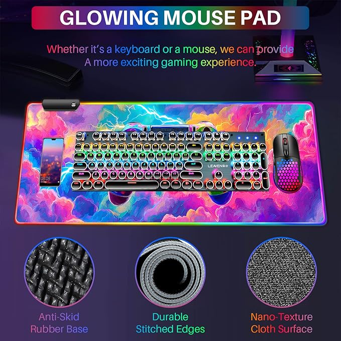 XL Led Gaming Mouse Pad with 14 Light Modes - Light Up Gamer Mouse Pad,31.5 x 11.8in Non-Slip Gamepad Style RGB Large Gamer Mousepad,Black Long Glowing Gaming Accessories for Desk,Waterproof