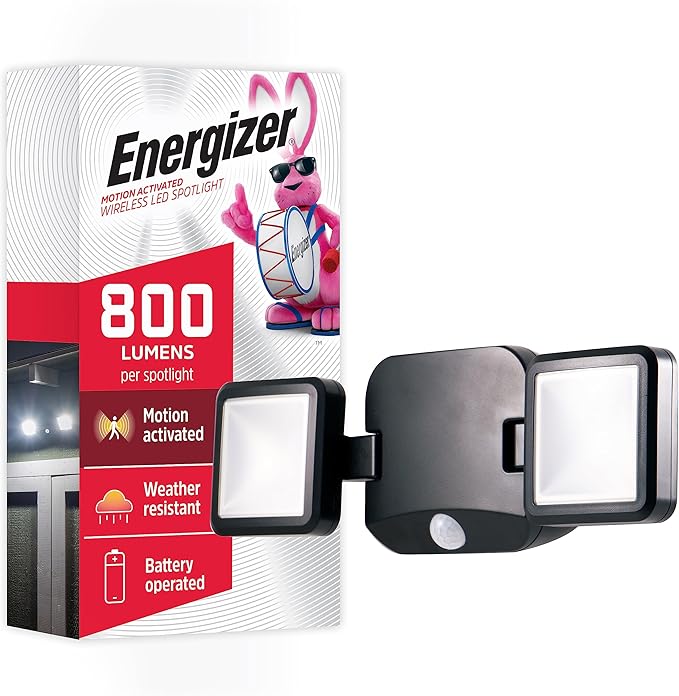 Energizer LED Flood Light Outdoor, Security Light, 2 Head, Wireless, Battery Operated, 800 Lumens, Swivels & Rotates, Weather-Resistant, Motion Sensor Outdoor Light, Black, 1 Pack, 40776
