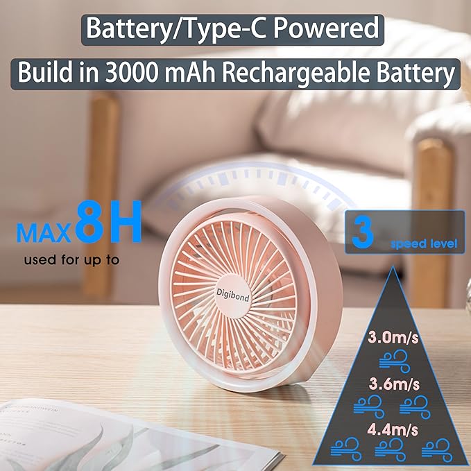 Digibond Pink Desk Fan, Small Quiet with Ambient Light/Hook Portable USB Fan 5.3in High Power 3000mAH Rechargeable Battery Operate 3 Speed 180°Rotated Easy Clean