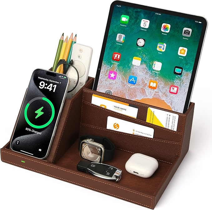 Fast Wireless Charging Station with Desk Organizer for iPhone 17/16/15/15 Pro/14/14 Pro Max/14 Pro/14 Plus/13/13 Pro Max/13 Pro/and iPhone 12/11 Series, Nightstand Desktop Organizer, Brown