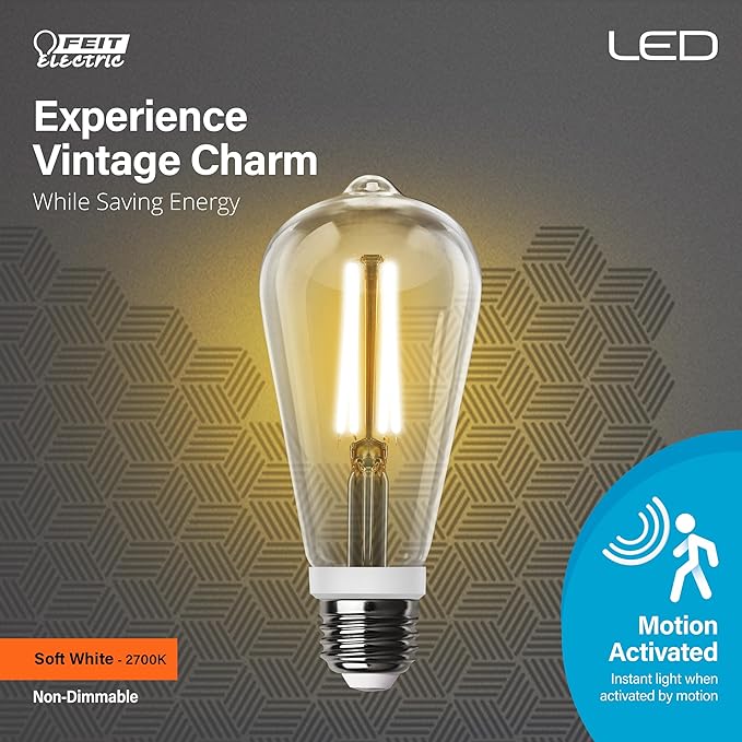 Feit Electric Motion Sensor, Non-Dimmable, Indoor/Outdoor LED Bulb with Exposed Filament, ST19 on E26 Base, High CRI, 60 Watts Equivalent, 2700K, Soft White - ST19CL927CA/MM/FILED (Pack of 4)