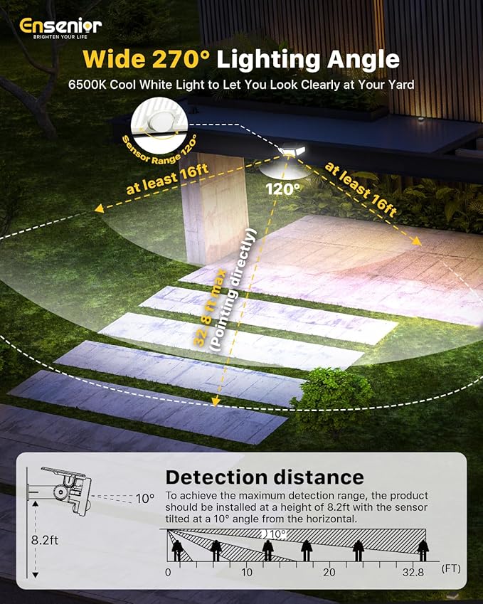 Ensenior Solar Motion Lights Outdoor, 3000LM 220 LED High Brightness Motion Sensor Outdoor Lights, 3 Head 4 Modes 270° Wide Angle Flood Lights IP65 Waterproof, Remote Control Security Lights, 2 Pack