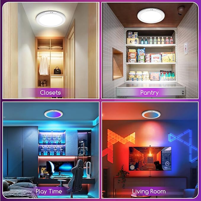 3 Pack Rechargeable Motion Sensor Ceiling Light with Remote, Wireless Battery Operated Closet Light with 13 Colors Changing, 0.55″ Magnetic Lights for Shower Bathroom Closet Hallway Pantry