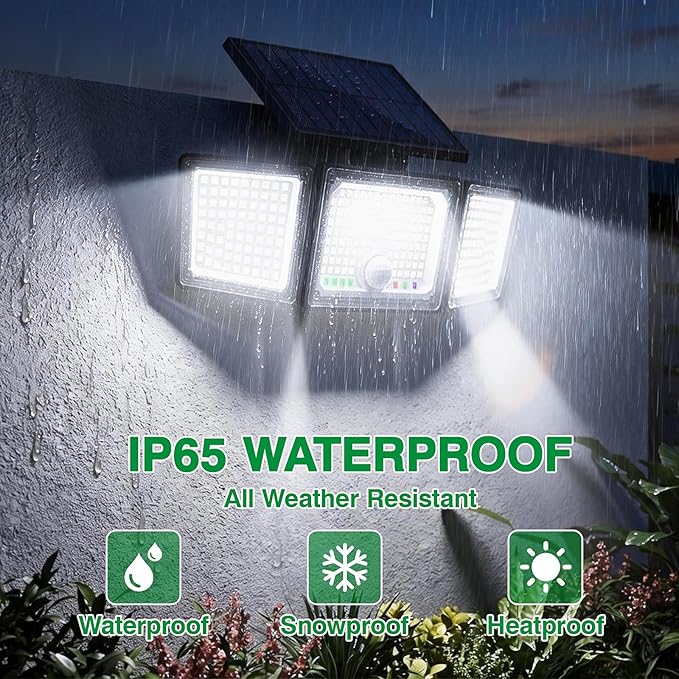 Solar Outdoor Lights Motion Sensor, 2500LM 286 LED Security Flood Lights with Visual Battery & Mode Display, 3 Lighting Modes, IP65 Waterproof 3-Head Wide Angle for Garage, Yard, Patio (2P Warm White)