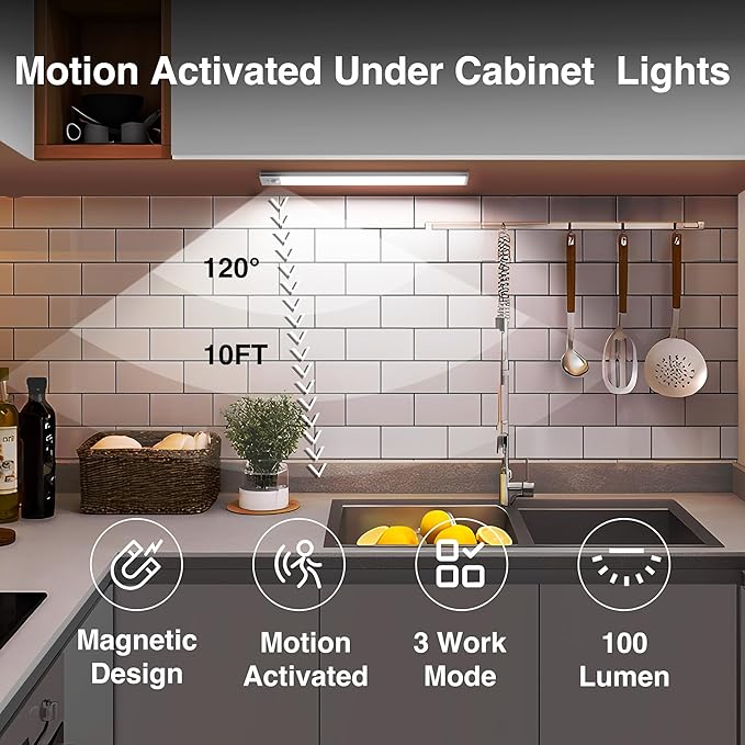 Under Cabinet Lighting Wireless, 4 Pack Under Cabinet Lights Rechargeable, Motion Sensor Light Indoor, 3 Color Temps, 5 Levels Dimmable Magnetic Closet Lights, Under Counter Lights for Kitchen, Stairs