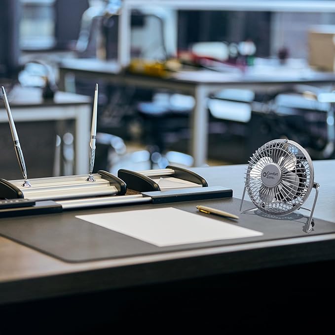 Comfort Zone 4-inch All-Metal Mini Desk Fan – High Velocity Portable USB Fan with 120V Wall Adapter, 360° Adjustable Tilt & Quiet Operation – Compact Electric Table Fan for Office, Home & Travel