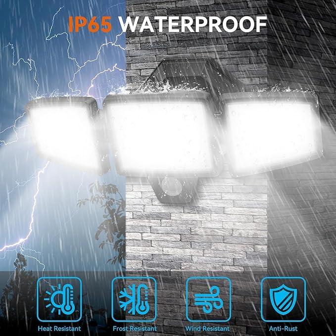 LED Security Lights Motion Sensor Outdoor Lights, 6500K Daylight, IP65 Waterproof, Dusk to Dawn, 3-Head Motion Detected Flood Light for Garage, Yard, Porch