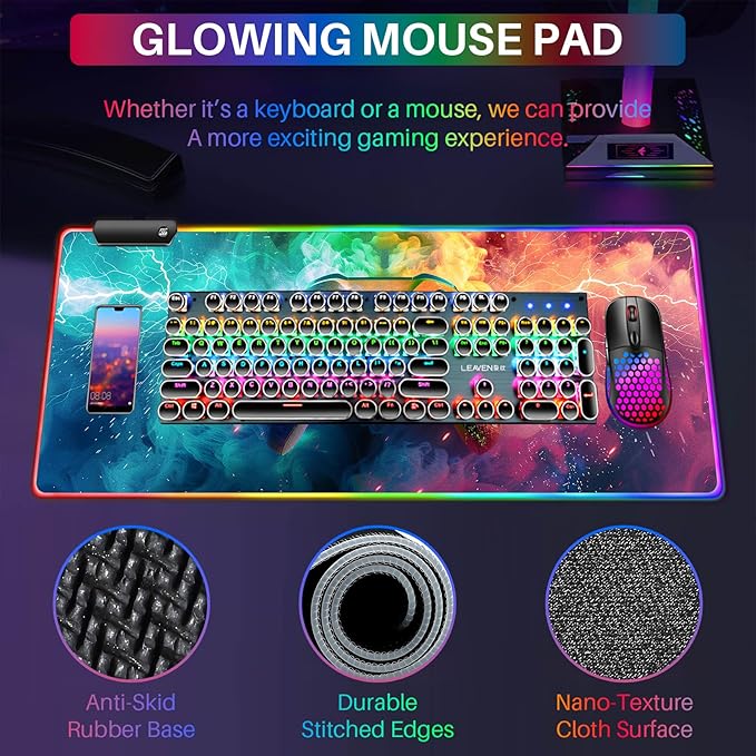 XL Led Gaming Mouse Pad with 14 Light Modes - Light Up Gamer Mouse Pad,31.5 x 11.8in Non-Slip Gamepad Style RGB Large Gamer Mousepad,Black Long Glowing Gaming Accessories for Desk,Waterproof