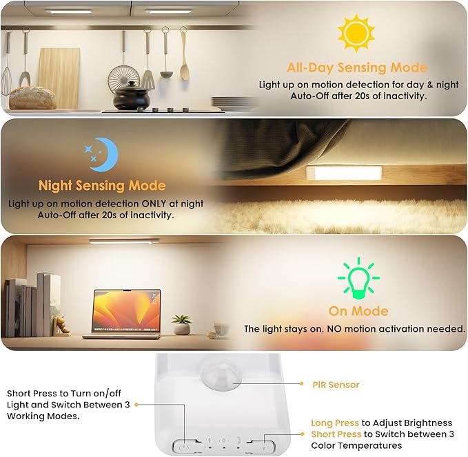 5-Pack Motion Sensor Under Cabinet Light, 3 Color Temperature Dimmable Rechargeable Magnetic Closet Light 7.9 inch Wireless Under Counter Light