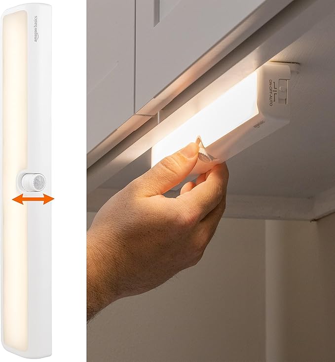 Amazon Basics LED Motion Sensor Light Bar, USB/Battery Operated, 250 Lumens, 12 Inches, Swivel, Under Cabinet Lighting for Closet, Kitchen, 2-Pack, White