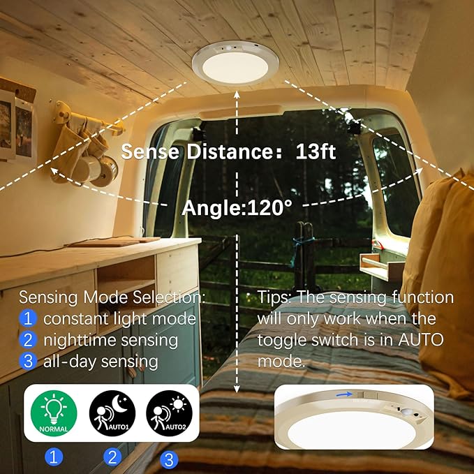 Battery Operated LED Celling Lights Fixture with Auto Motion Sensor, Smart Body Sensor Ceiling-mounted Lamps with 3 Colors/Brightness, Motion Detection Magnetic Celling Lights for Closet Shower-Gold