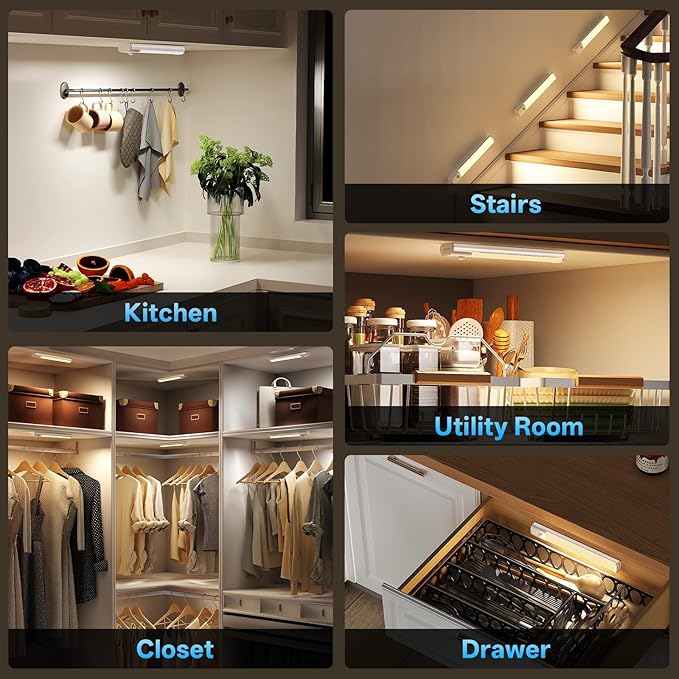 Under Cabinet Lighting with Charging Station,Rechargeable Motion Sensor Light Indoor,LED Closet Lights,3 Colors Dimmable,Magnetic for Kitchen,Wardrobe,Bedroom,Drawer 6Pack