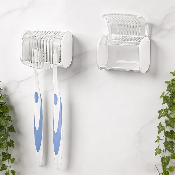 2 Pack Toothbrush Holder Wall Mounted with Cover for Bathroom, 2 Slots Toothbrush Storage Organizer for Shower, Self Adhesive Toothbrush Hanger (White)