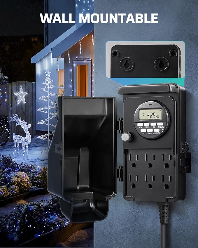 DEWENWILS Outdoor Digital Power Strip Timer, Multi Sockets, Waterproof 6 Outlets Garden Power Stake, 6ft Cord, Digital Timer for Lights, Yard, Garden, 15A Heavy Duty