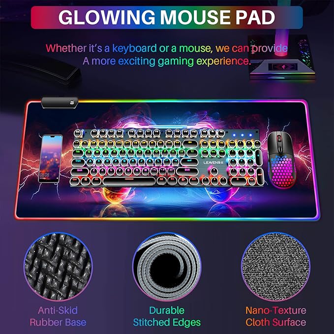XL Led Gaming Mouse Pad with 14 Light Modes - Light Up Gamer Mouse Pad,31.5 x 11.8in Non-Slip Gamepad Style RGB Large Gamer Mousepad,Black Long Glowing Gaming Accessories for Desk,Waterproof