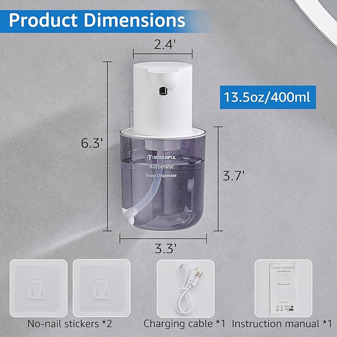 Automatic Soap Dispenser for Kitchen Sink - Wall-Mount & Countertop: 4-Level Adjustable, 13.5oz Clear Plastic IPX5 Rechargeable, Suitable for Kitchen Sink & Bathroom (White)