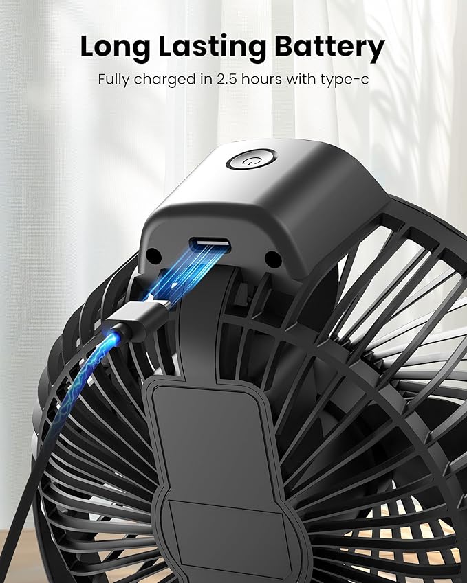 Koonie Portable Clip On Fan, Small Rechargeable Battery Operated, 3 Speed Mini clamp Fan With LED Display, 360° Rotate Personal Cooling Desk Fan for Stroller Bed Travel Camping Golf Gym