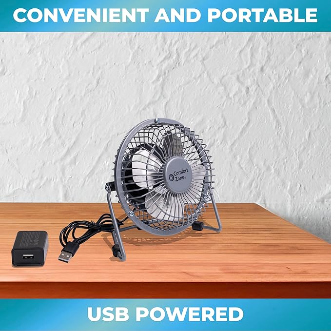 Comfort Zone 4-inch All-Metal Mini Desk Fan – High Velocity Portable USB Fan with 120V Wall Adapter, 360° Adjustable Tilt & Quiet Operation – Compact Electric Table Fan for Office, Home & Travel