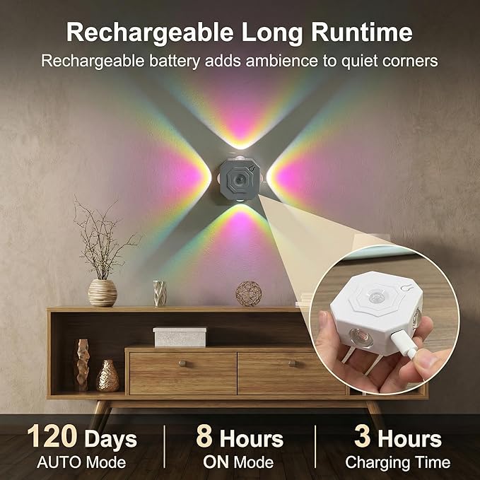 Motion Sensor Wall Lights, Peel and Stick On Rechargeable Wall Sconce Set of 2, Wireless No Drill RGB Color Changing Touch Dimmable Sconces for Indoor Hallway Stair Bedroom Closet