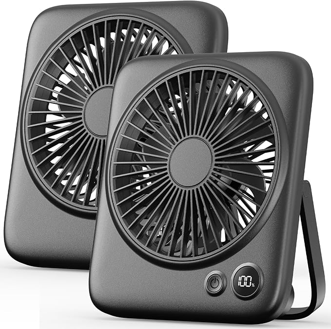 Otlonpe 2 Pack Portable Desk Fan 6.5 Inch, 4000mAh Rechargeable Battery Operated & USB Powered, 23Hrs Cordless Small Personal Travel Fan 4-Speed Quiet for Office Home Sleeping, Led Display, Foldable