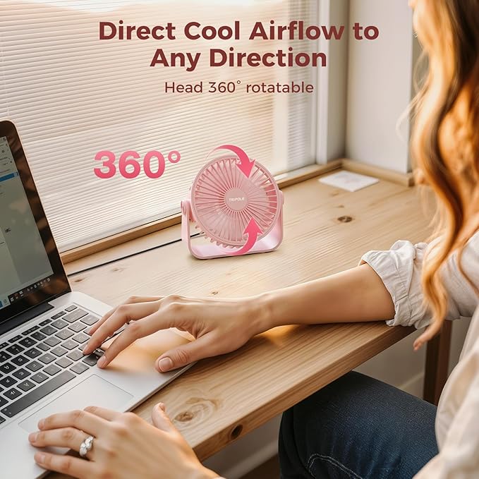 TriPole USB Desk Fan Portable Mini Fan Powerful 3 Speeds Wind Personal Desktop Fan with 360° Head Rotation for Home Office Car Indoor Outdoor Pink, No Battery, 4.5 Inches