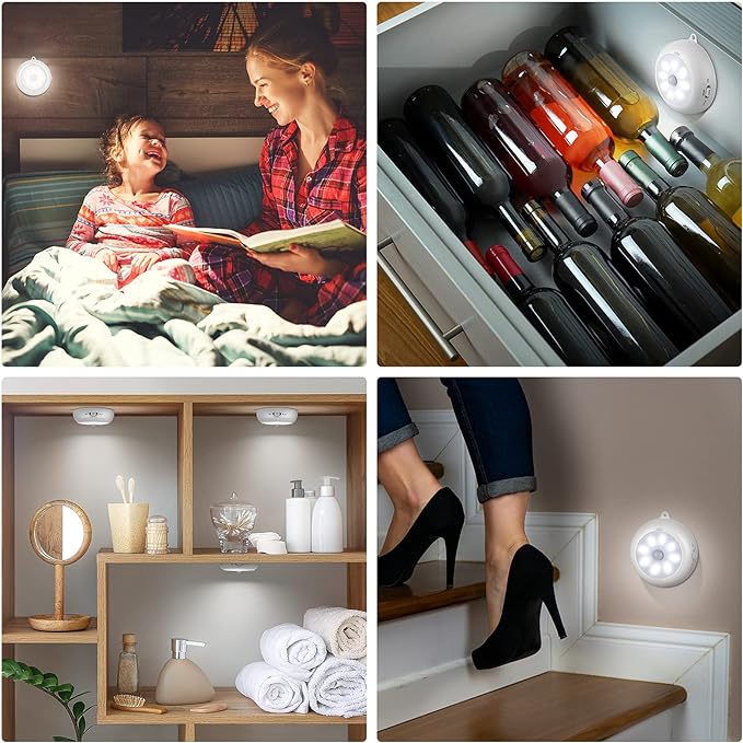 Reoshine Motion Sensor Light Indoor, Under Cabinet Light, Ceiling Lights, AA Battery Operated Stick on Wireless Puck Lights for Wall, Step, Stair, Dimmable (6 Pack)