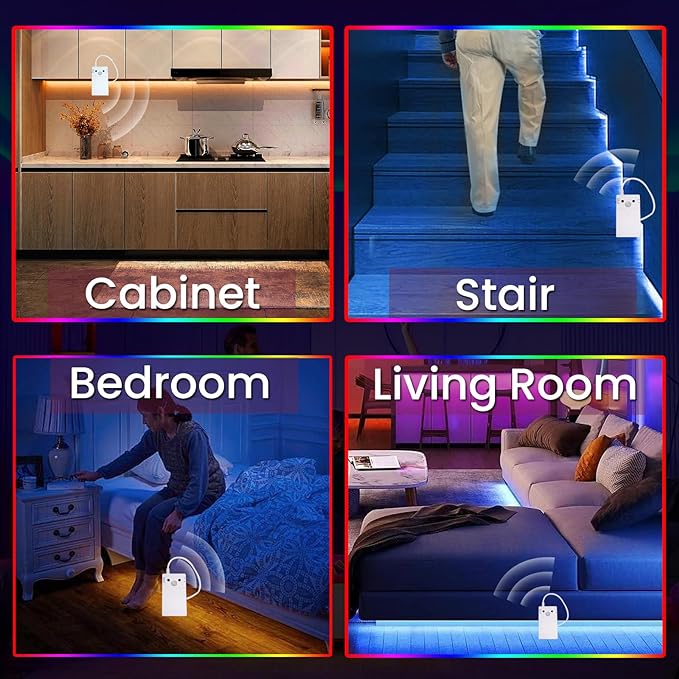 3.3FT Motion Sensor LED Strip Lights with Remote/4Mode, RGB & Warm White Motion Activated LED Strip Lights Dimmable Battery Powered, 16Colors Under Cabinet Lighting for Closet Stairs Home Indoor