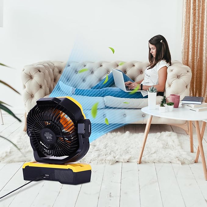 WESTTREE Battery Powered Fan Powerful Airflow Battery Operated Air Circulator Fan for Bedroom,Quiet & 360°Auto Oscillating Rechargeable Camping Fans with LED Light (RGBW) X66 Yellow