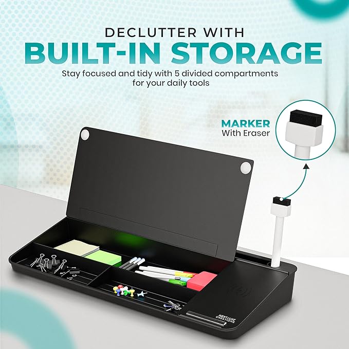 NEXTLUXE Glass Desk Whiteboard with Wireless Charger - Desktop Whiteboard with Storage, Weekly Planner, Dry Erase Pad, Organizer Drawer for Home, School, Office Gadgets – Black (Black)