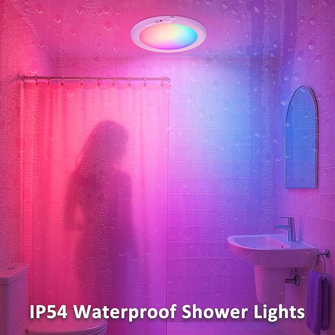 maylit Shower Lights 4 Pack, RGBW Rechargeable Ceiling Light, Waterproof Battery Operated Lamp, Wireless Stick on Inside Motion Sensor Mood LED Lighting for Bathroom No Wiring, Indoor