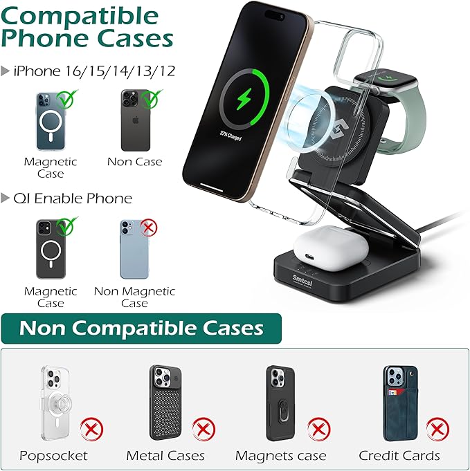 Smtcsl 3-in-1 Foldable Wireless Charging Station: Magnetic Charger Pad Compatible with Phone air 17 16 15 14 13 12 Series/Watch/Air Pods - Portable Folding Stand for Travel