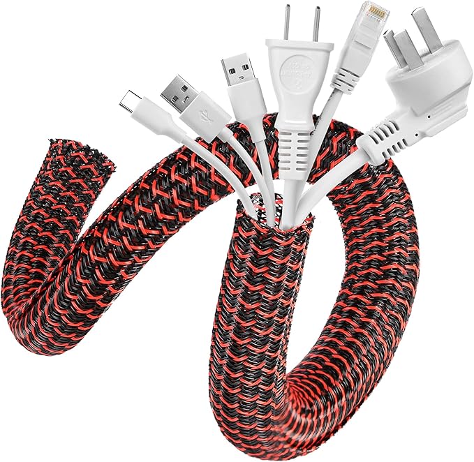AGPTEK Cable Sleeve, 10ft - 1.2 inch Cable Management Desk Cord Cover Organizer Wire Hider for Home Office Computer TV Wire Loom Tubing Pet Proof Cord Protector from Cat Dog Chewing, BlackRed