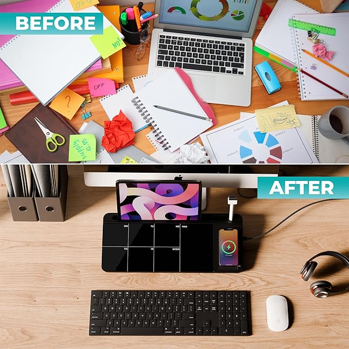 NEXTLUXE Glass Desk Whiteboard with Wireless Charger - Desktop Whiteboard with Storage, Weekly Planner, Dry Erase Pad, Organizer Drawer for Home, School, Office Gadgets – Black (Black)