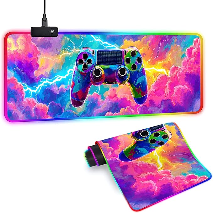 XL Led Gaming Mouse Pad with 14 Light Modes - Light Up Gamer Mouse Pad,31.5 x 11.8in Non-Slip Gamepad Style RGB Large Gamer Mousepad,Black Long Glowing Gaming Accessories for Desk,Waterproof