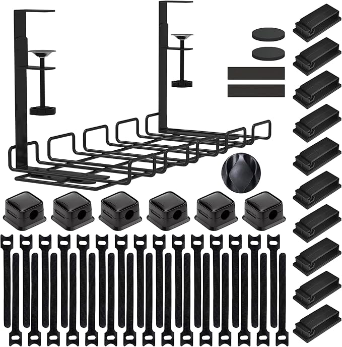 Under Desk Cable Management Tray, No Drill Steel Cord Organizer Kit with 52Pcs Different Essential Accessories for Home Office Standing Desk (15.7/13.4inch, Black)